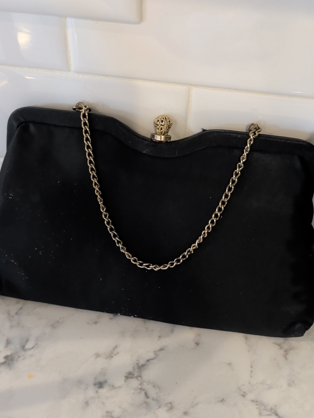 Vintage Classic Black Satin Evening Clutch with Gold Chain